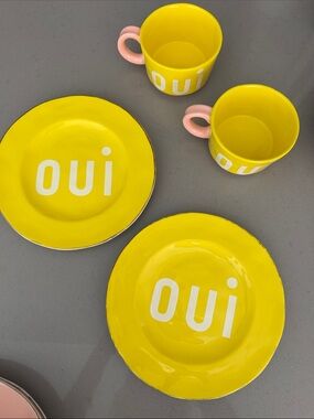 Oui Yellow Ceramic Plate and Mug Set with Pink Handles